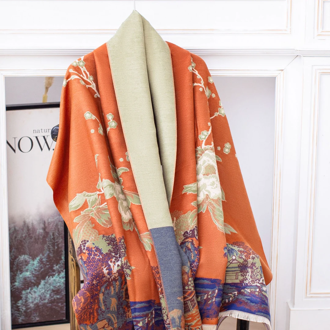 【达芬奇密码】2024新款亭台牡丹双面两用仿羊绒办公室保暖百搭披肩