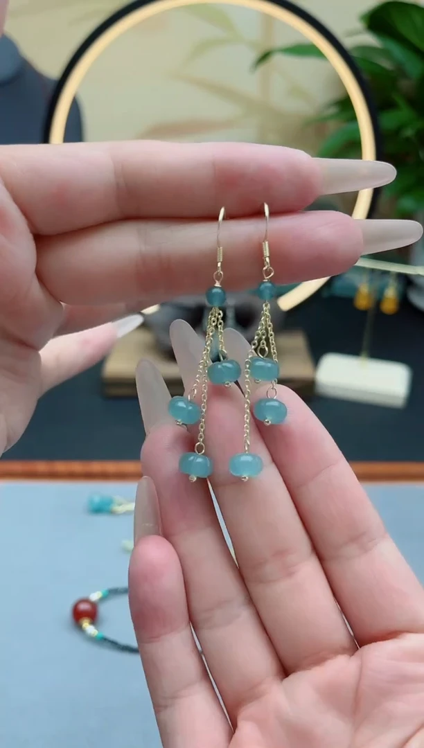 石英质玉（天山翠）银S925镶嵌耳饰00南瓜流苏