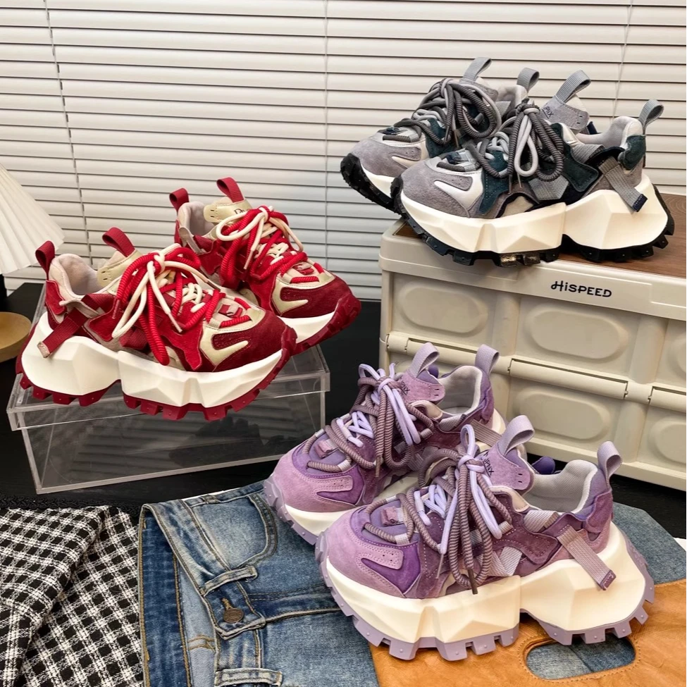 欧货圆头厚底老爹鞋女2025春季新款系带时尚休闲运动跑步鞋阿甘鞋