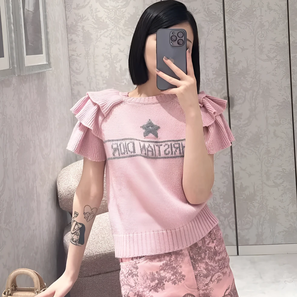 99新 DIOR/迪奥 2507197/36码/Logo提花荷叶袖圆领针织短袖