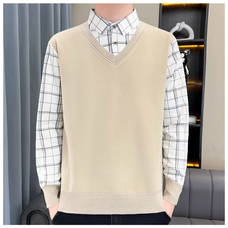 秋冬季假两件毛衣男士格子衬衫领针织打底衫加绒加厚保暖V领线衣
