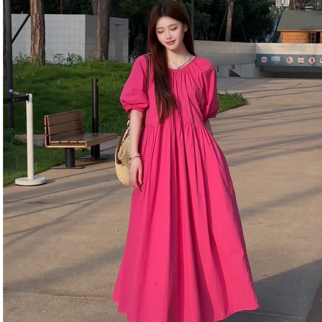 2025爆款玫红色遮肉显瘦连衣裙女百搭高腰透气夏季法式长款裙子