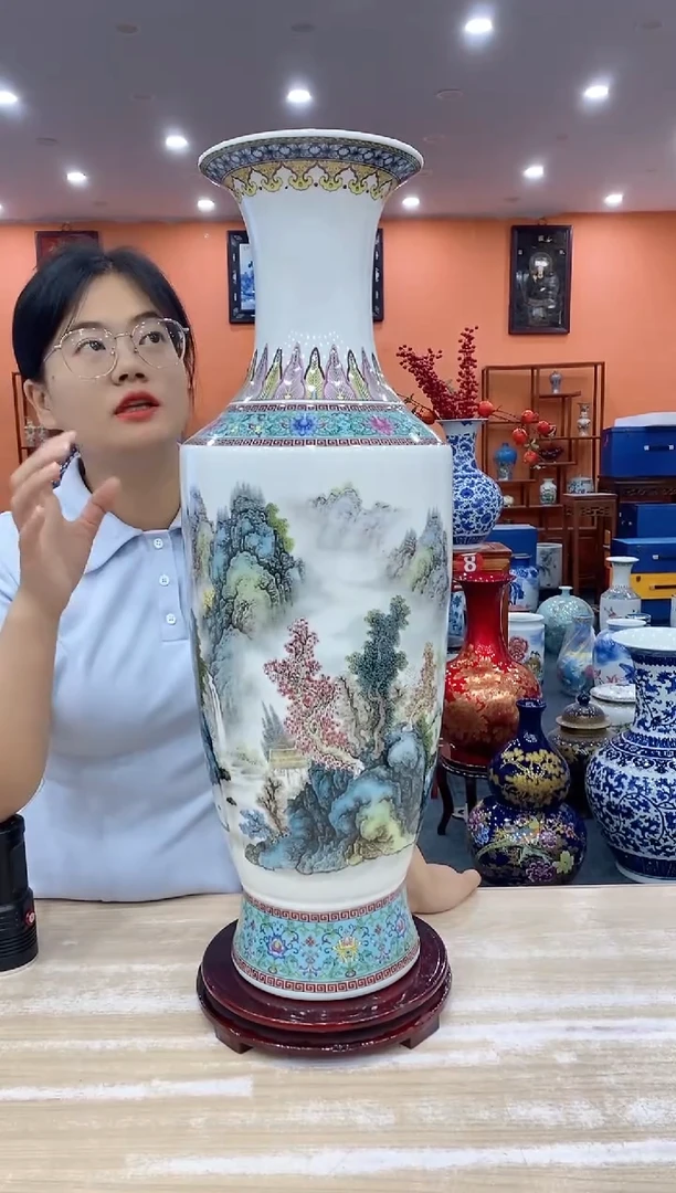 摆件阑林《出谷飞瀑》大瓶+旋转底座