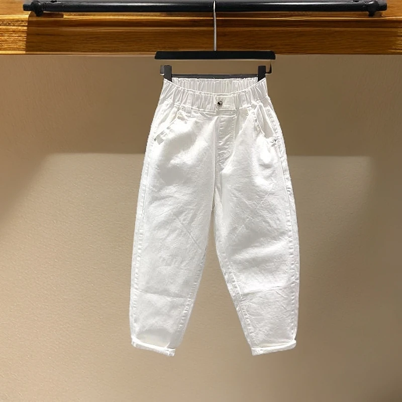 白色裤子小个子松紧高腰休闲牛仔老爹裤女宽松百搭九分哈伦垮裤女