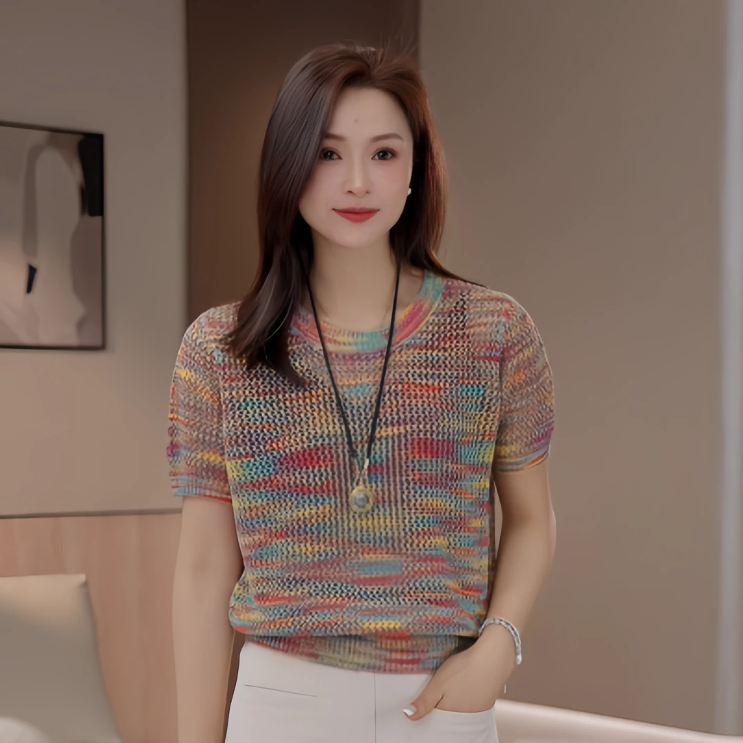 DHR COLLECTTIONS豆豆7 夏季圆领彩色针织衫上衣短袖女-D96182