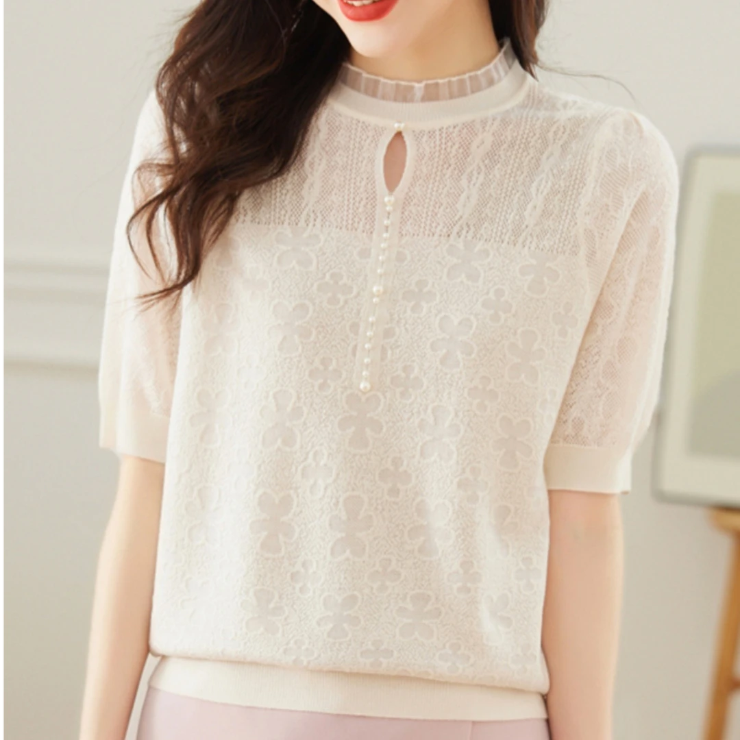 夏装薄款气质优雅短袖t恤女蕾丝边淑女设计感冰丝打底衫2025新款