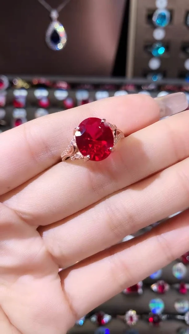 无925银鸽血红色戒指