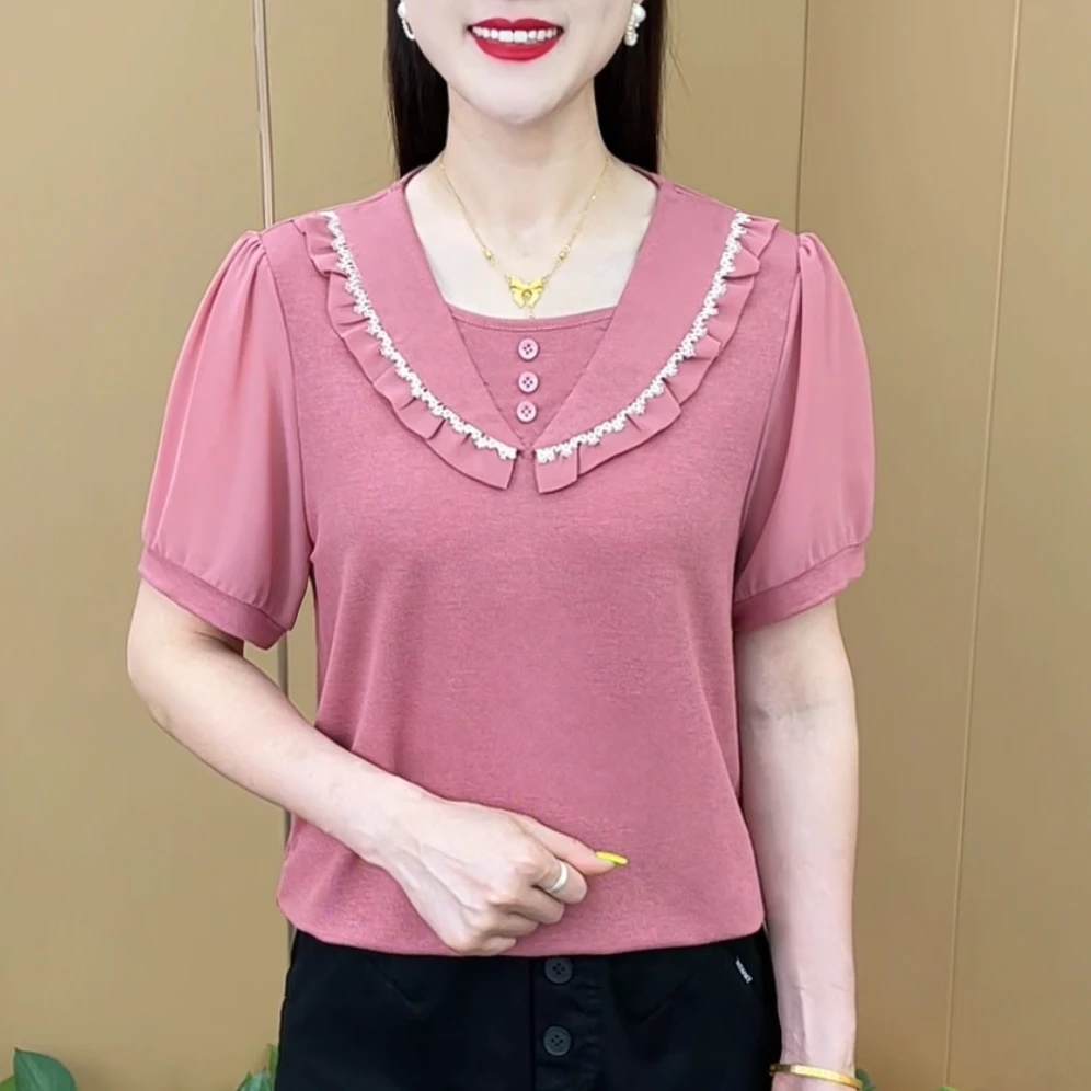 夏季新款时尚设计感洋气娃娃领纯色减龄t恤显瘦气质短袖上衣M6387