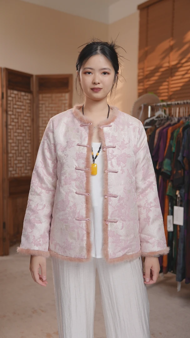 女七分袖中国风灯笼袖宽松型冬款立领印花长款8973