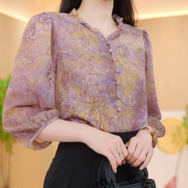 扶摇2025女士气质夏季春夏印花洋气显瘦小衫圆领提花M549沐沐