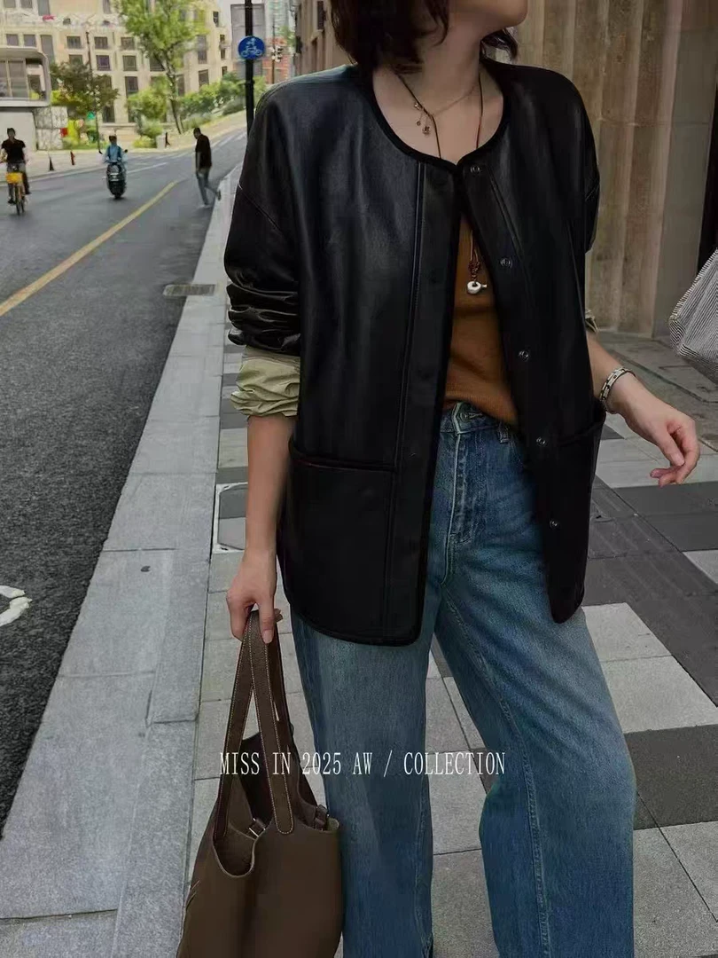 常规款长袖长款纽扣圆领常规皮衣宽松短款女士女装11865