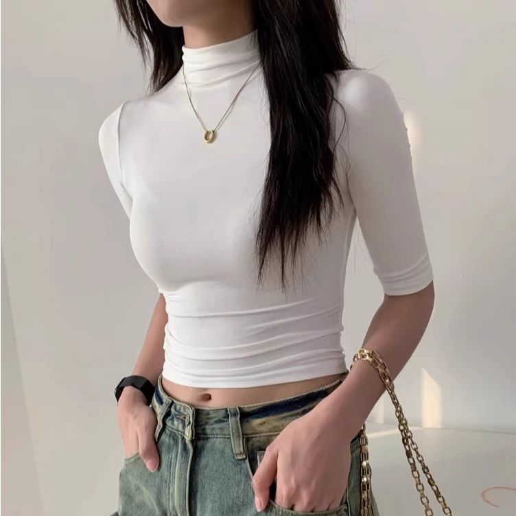 春夏新款中袖黑色t恤女春夏小高领修身体恤圆领五分袖气质上衣潮