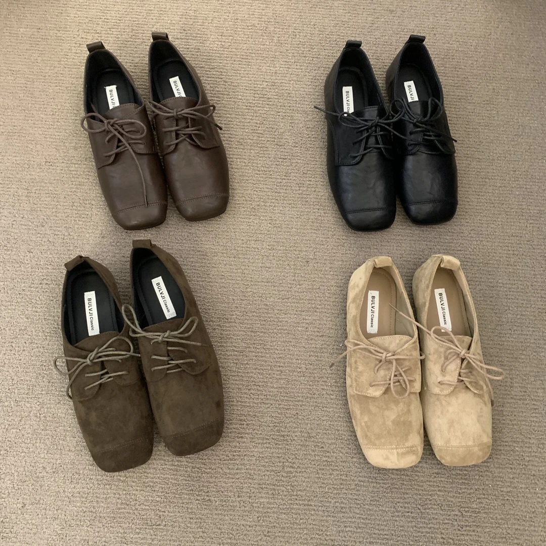 复古绒面绑带小皮鞋黑色平底玛丽珍鞋2025秋冬新款软底方头豆豆鞋