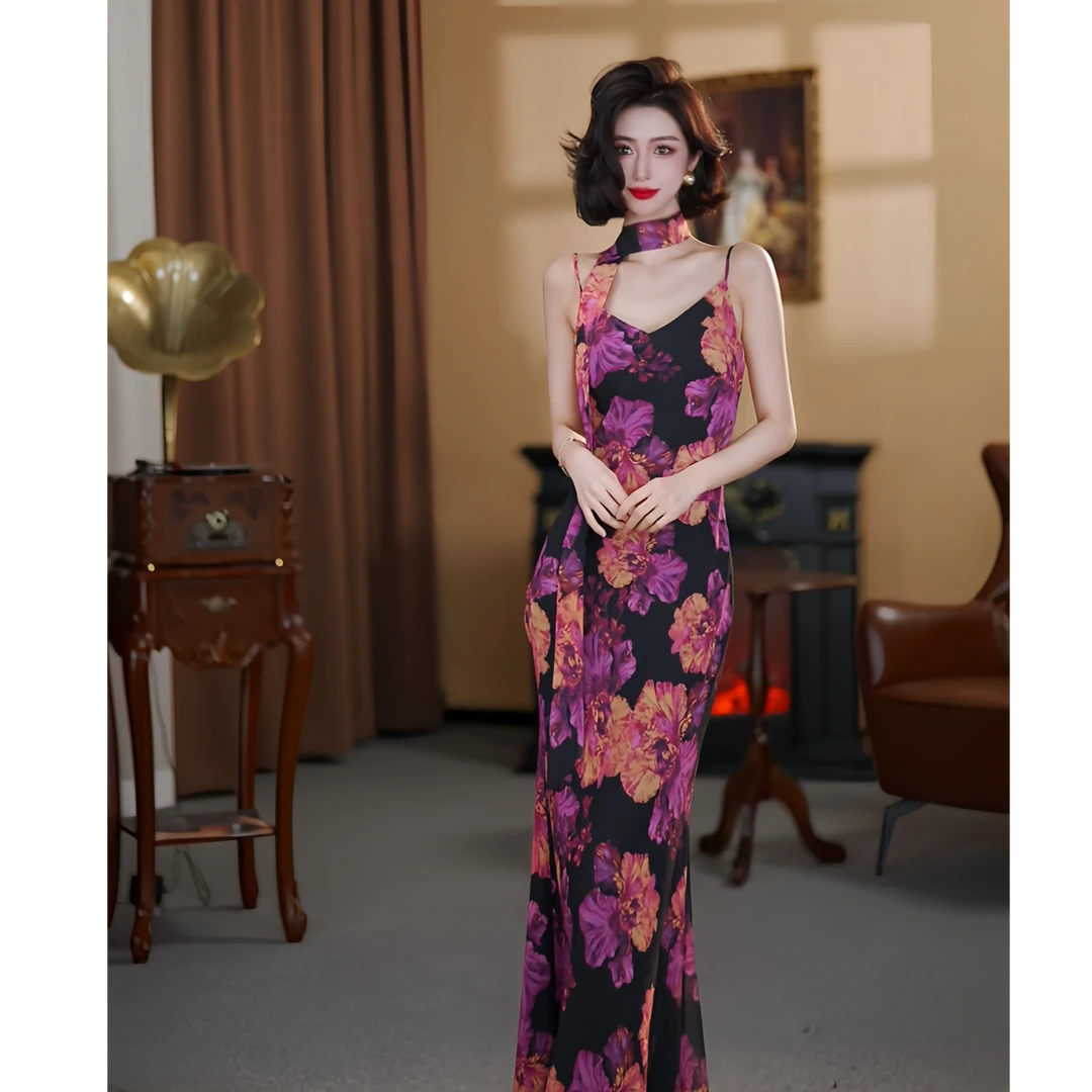 【大晶定制】“浪漫花园”新款无袖花纹紫色飘带修身连衣裙-DJ10152