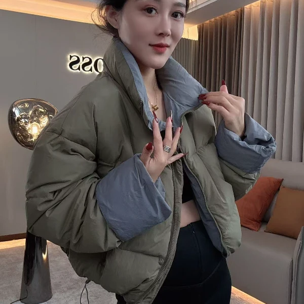 【耿老板2012#】橄榄绿撞色设计时尚洋气短面包服白鸭绒羽绒服女