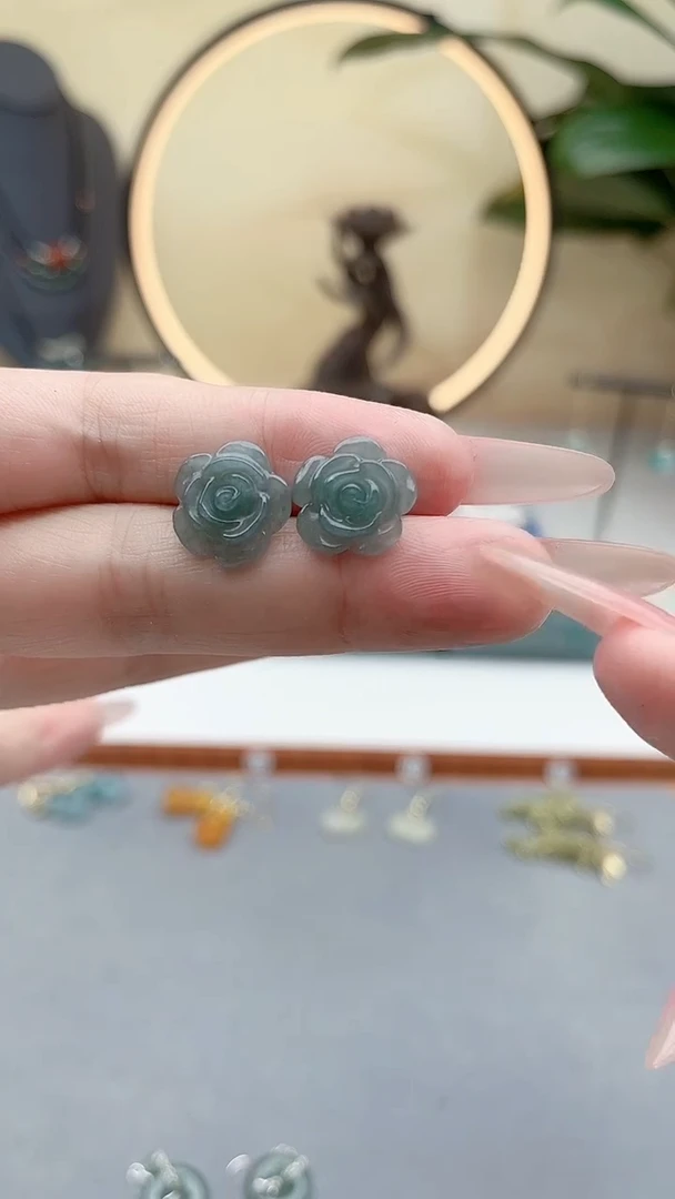 银S925镶嵌翡翠耳饰00翡翠花朵耳钉耳钉