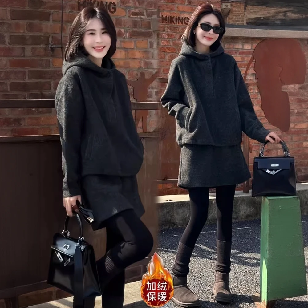 加绒加厚时尚套装女2025秋冬新款洋气休闲连帽卫衣半身裙两件套潮
