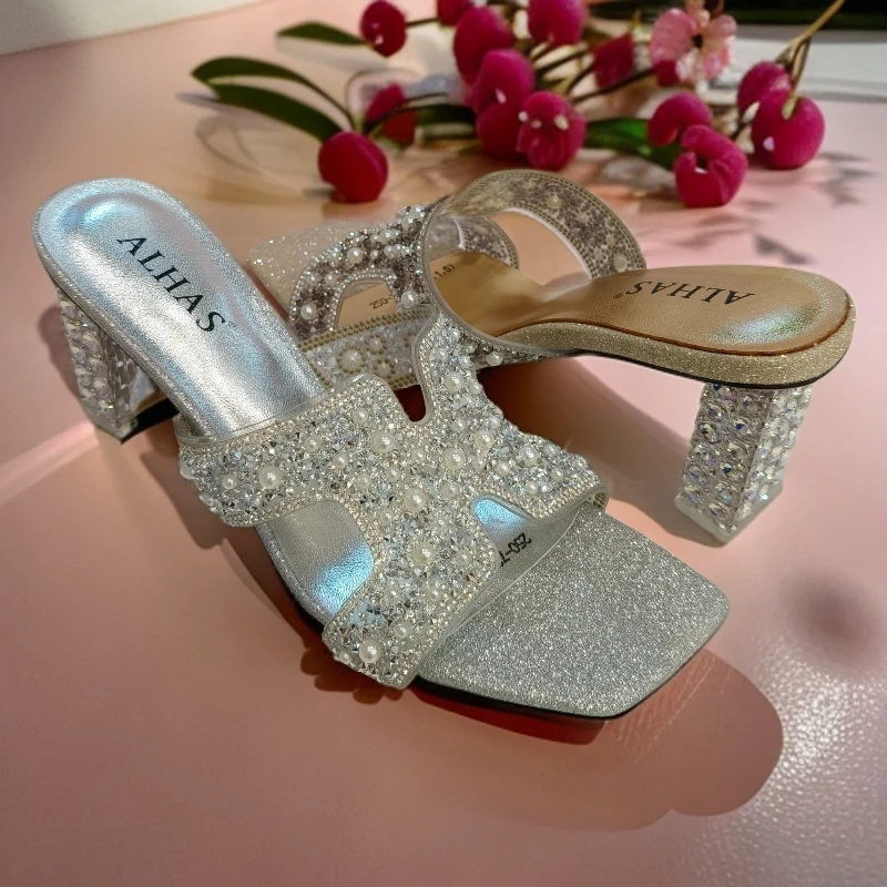 【ALHAS女鞋】时尚夏季粗跟高跟百搭带钻凉拖【250-7373】