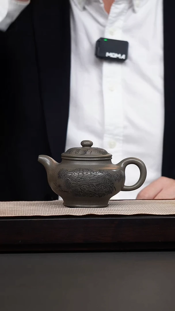 茶壶紫砂蟹壳青刻绘掇只