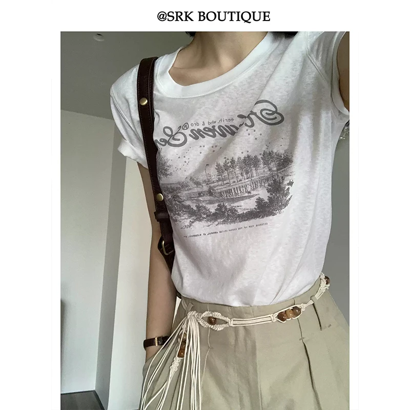 法式宽松印花T恤圆领白色时尚简约百搭显瘦正肩短袖上衣S2XW0850