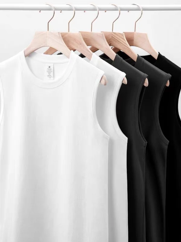 单件装男士运动纯棉打底纯色无袖夏季纯色白色圆领背心外穿T恤