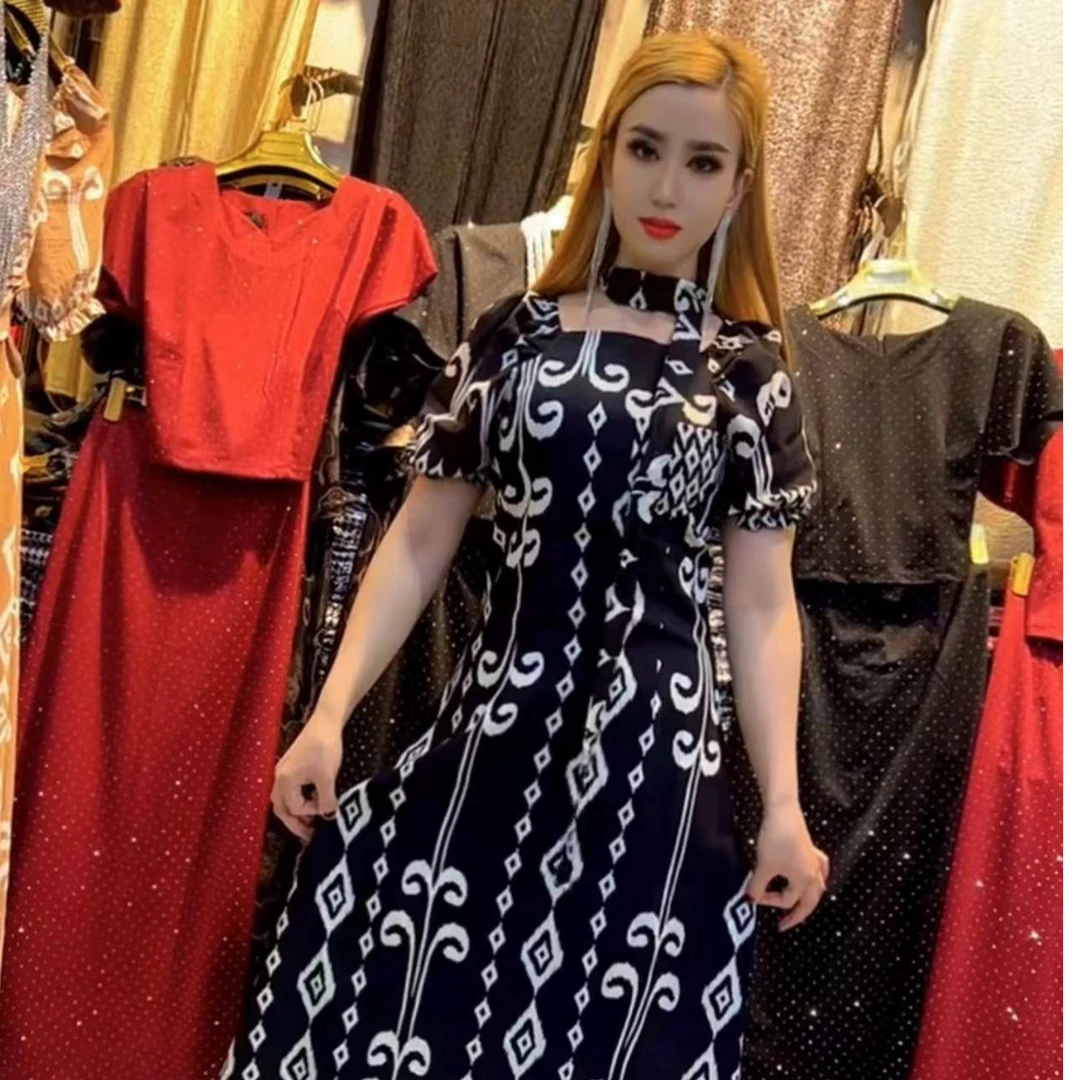 YKN111露肩夏季立领常规不规则裙连衣裙时尚印花清冷新中式