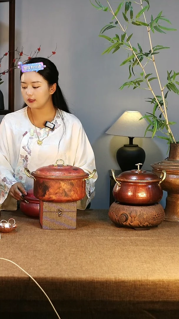 紫铜24直筒浅汤锅火烧色拱桥盖