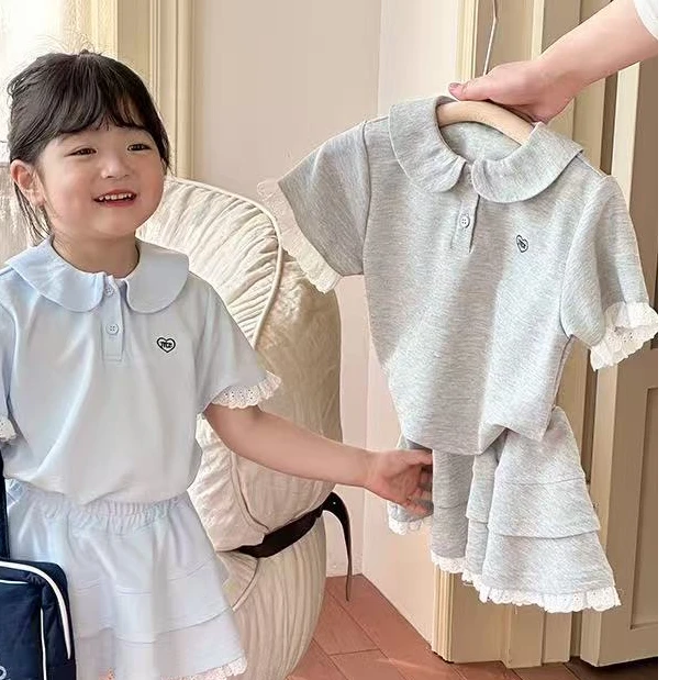 CMM 2025夏季儿童夏季学院风polo领蕾丝花边时尚套装   HS62005