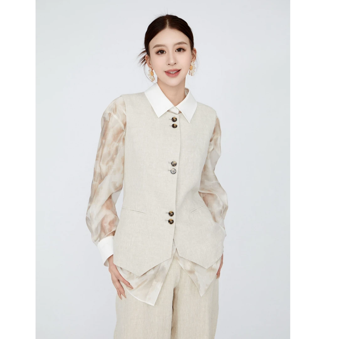 【晨粉专享价】艾米尔雅依 100%亚麻高级老钱风无袖马夹 Y523M2026