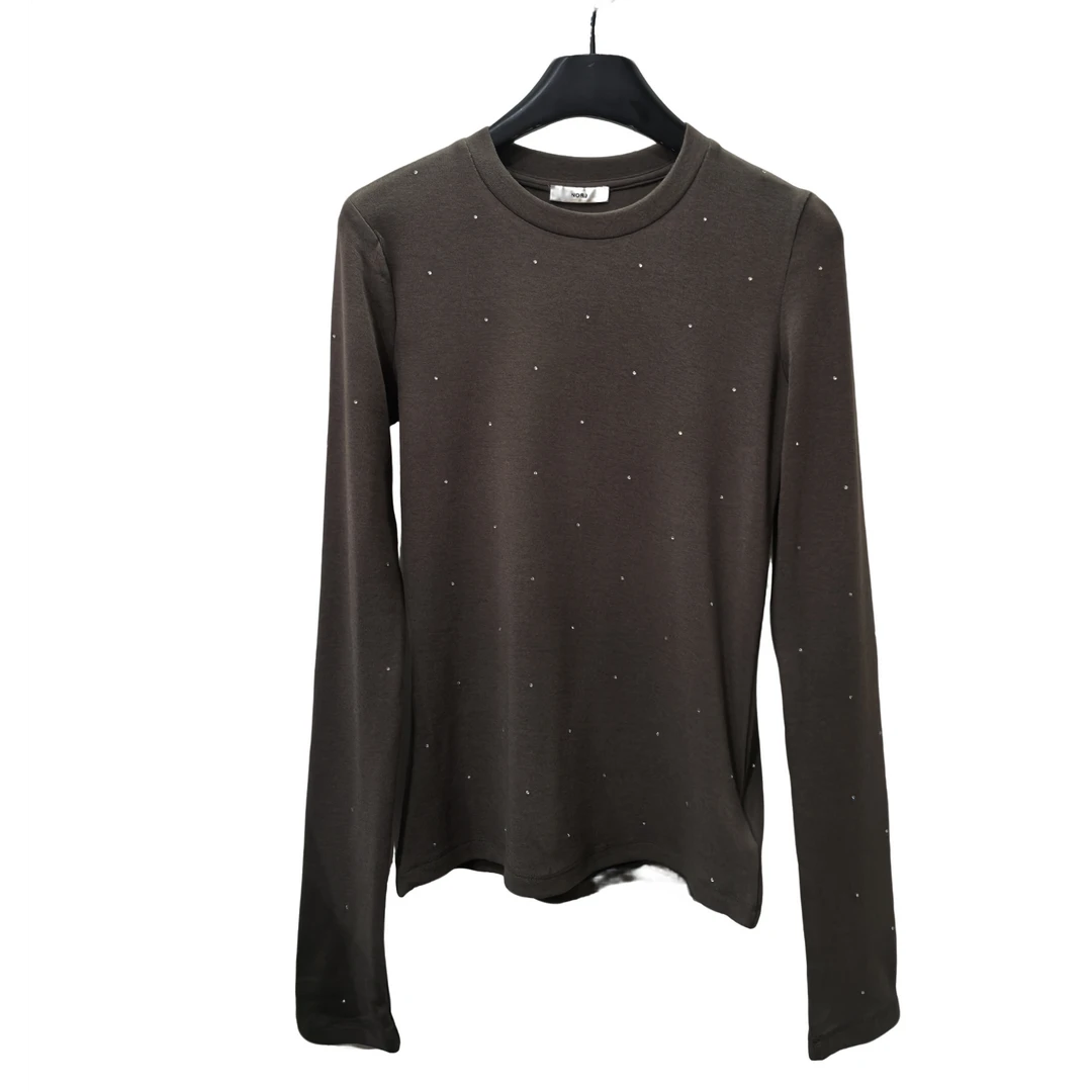 深圳南油小众设计师烫钻弹力圆领墨绿色打底衫