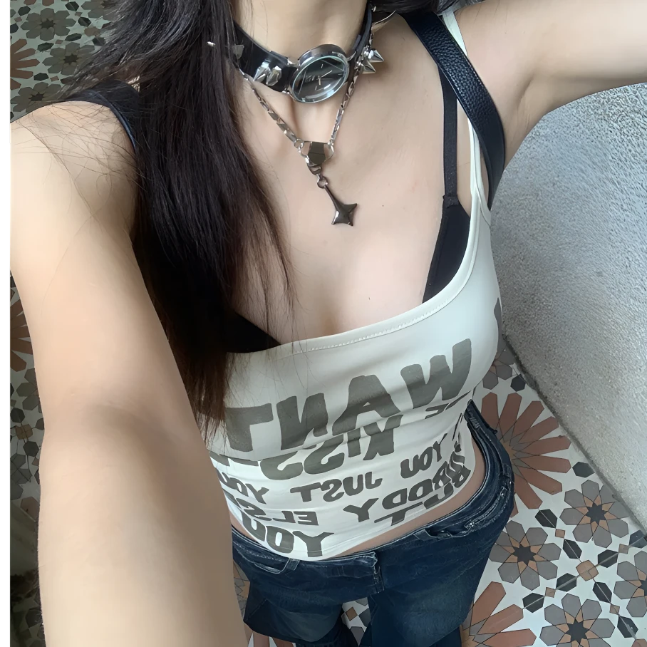 千禧风涩谷辣妹y2k亚文化辣妹甜酷风修身短款蕾丝拼接吊带背心