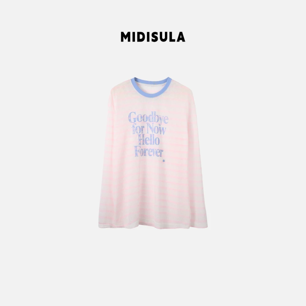 【H.MDSL】新款时尚防晒长袖圆领条纹韩版字母宽松百搭T恤#1084