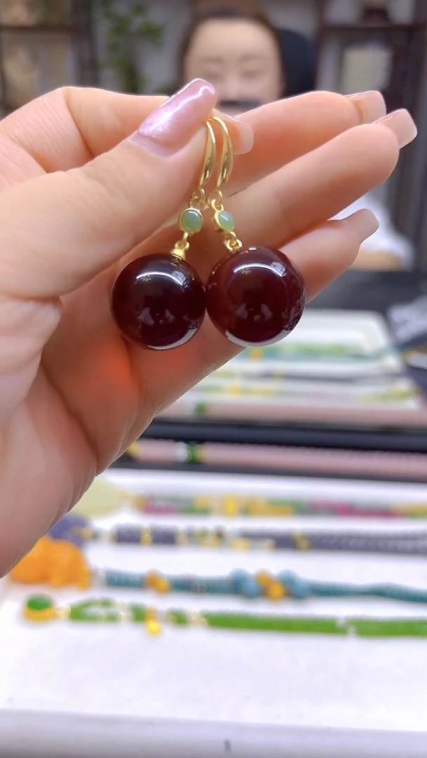 14K金镶嵌血珀耳饰DIY款E706