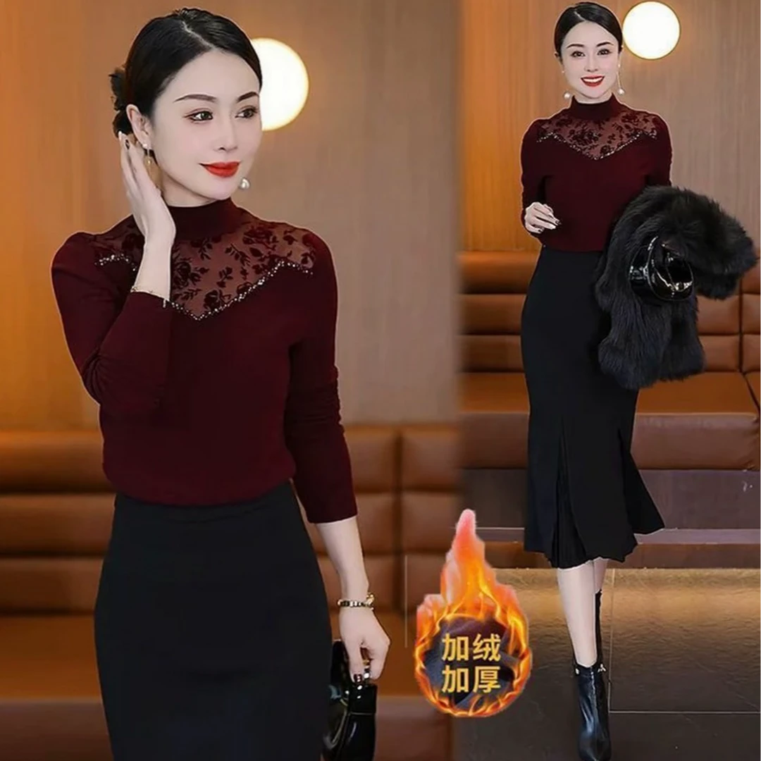 【精品妈妈】2025新款【植绒花】加绒加厚长袖打底上衣女装