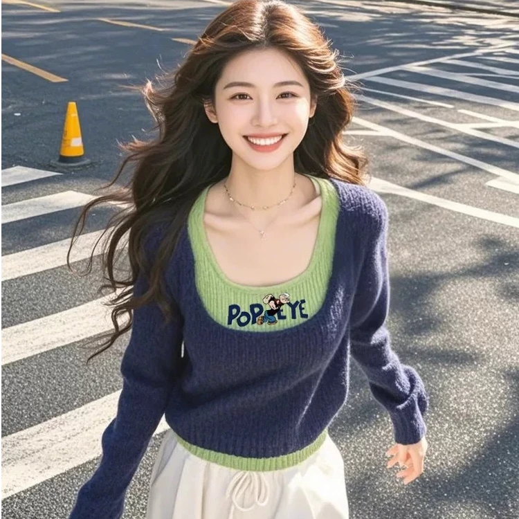 欧洲站2024女装新款欧货软糯圆领超好看上衣藏蓝色假两件卡通毛衣