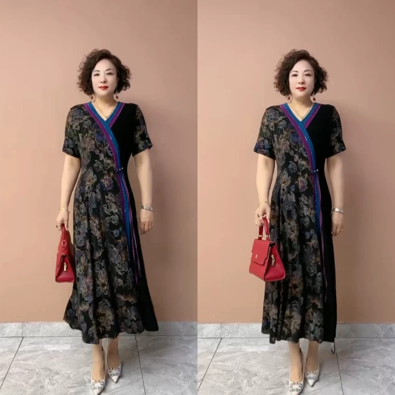 427原版中年妈妈碎花连衣裙夏装新款南韩丝修身大码显瘦50岁长裙
