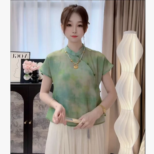 夏季2025新款复古斜襟盘扣衬衫女新中式国风禅意上衣