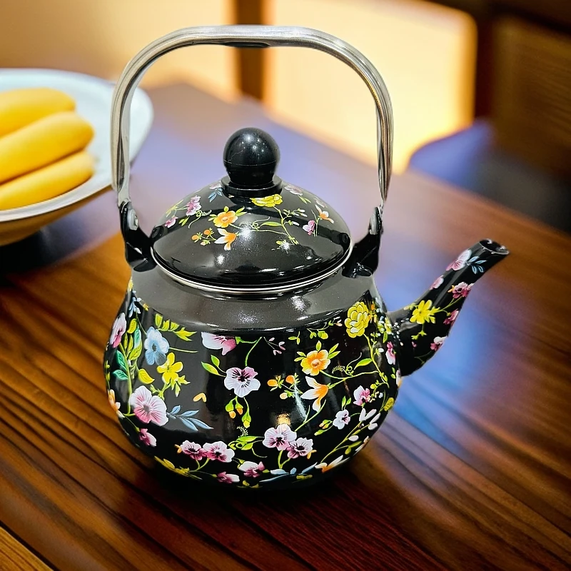 新疆包邮【1.5L黑碎花茶壶】加厚珐琅搪瓷茶壶黑底花带家用烧水壶