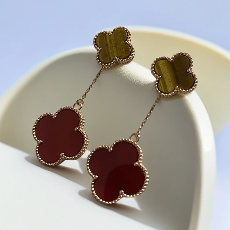 【玉素专属】18k金可拆卸两戴款红玛瑙虎眼石大双花耳饰