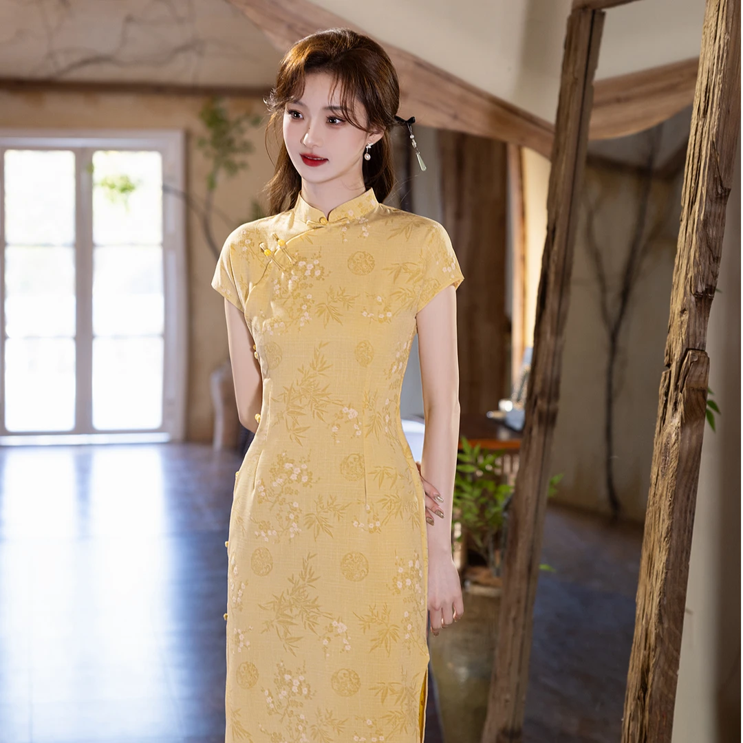 【知夏】2025夏季新款显瘦复古小个子中长款黄色短款显瘦旗袍