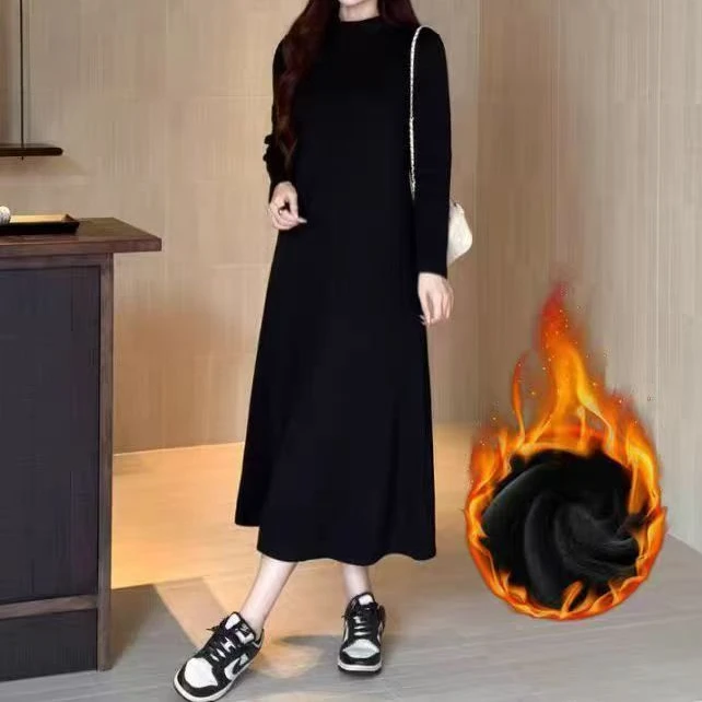 秋冬新款加绒连衣裙休闲宽松极简风打底连衣裙长款半高领内搭裙子
