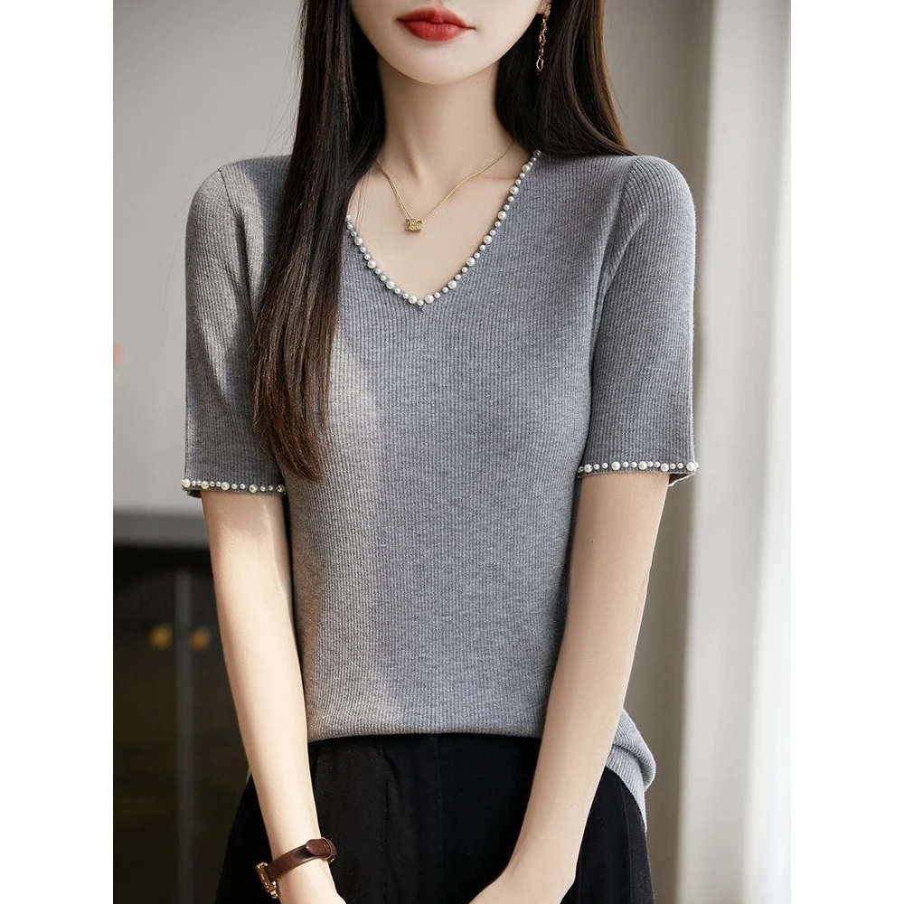 【梅姐专属】夏薄款V领钉珠羊毛100衫女气质T恤打底衫QHTZS-2575