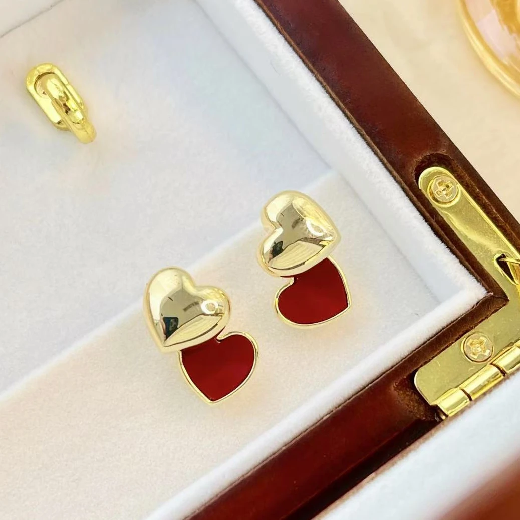 铜合金耳饰 a17【安可拉红爱心耳钉】红色心心相印通勤百搭50494