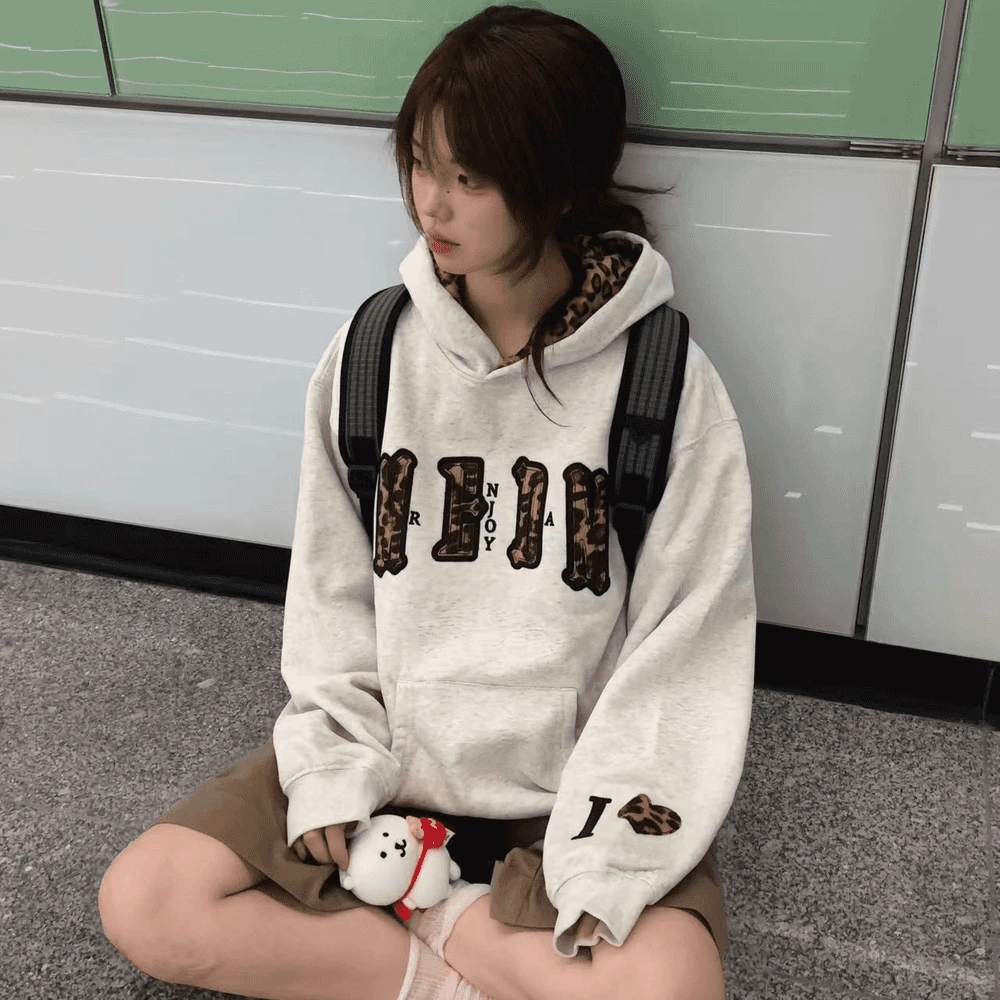 连帽韩版刺绣常规豹纹落肩袖百搭上衣慵懒卫衣春秋时尚宽松#WY18