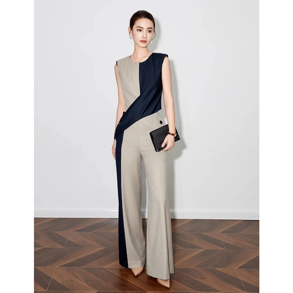 高端小众设计撞色套装夏季2025新款女气质名媛阔腿裤连体裤两件套
