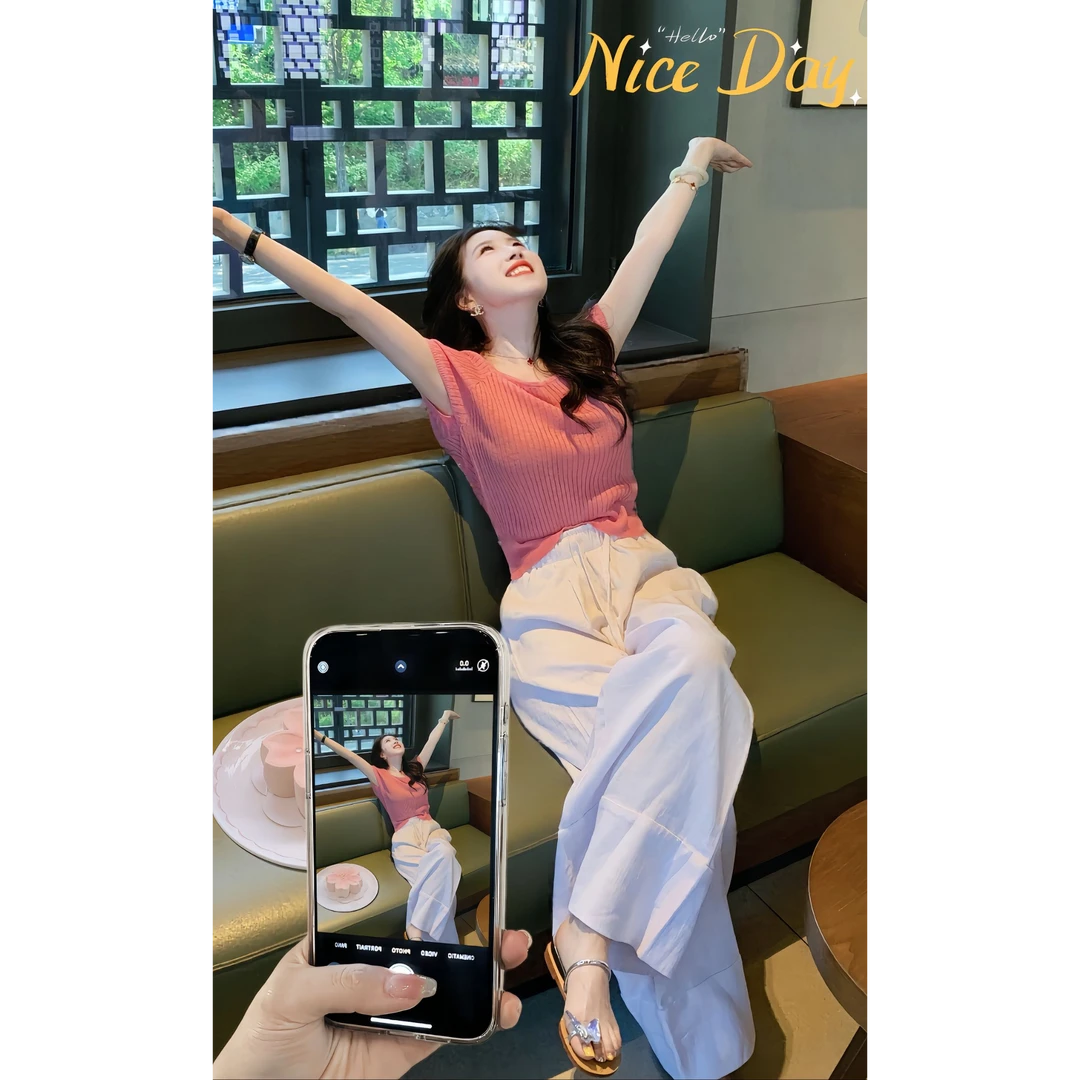 2025夏季新款韩版温柔系带小飞袖针织上衣女百搭高腰休闲裤两件套