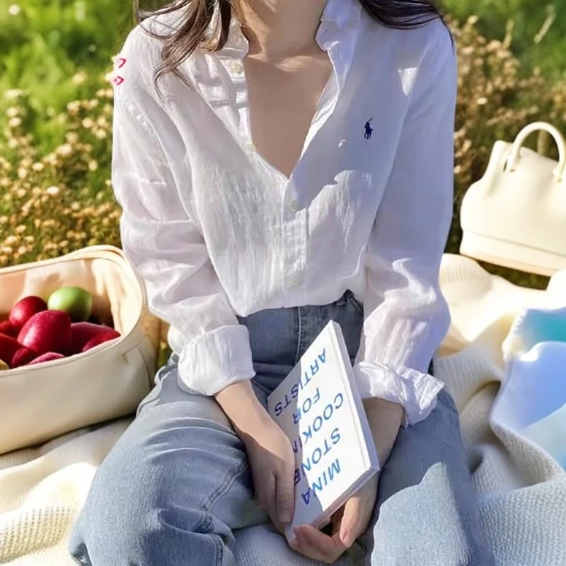 画枕眠女夏季款休闲宽松显瘦长袖外搭透气白色百搭法式衬衫上衣