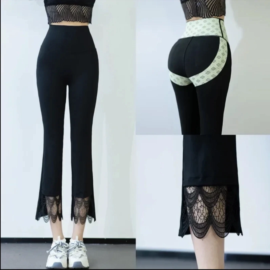 2025年夏季新款薄款瑜伽裤蕾丝边八分裤时尚显瘦百搭微喇休闲裤女