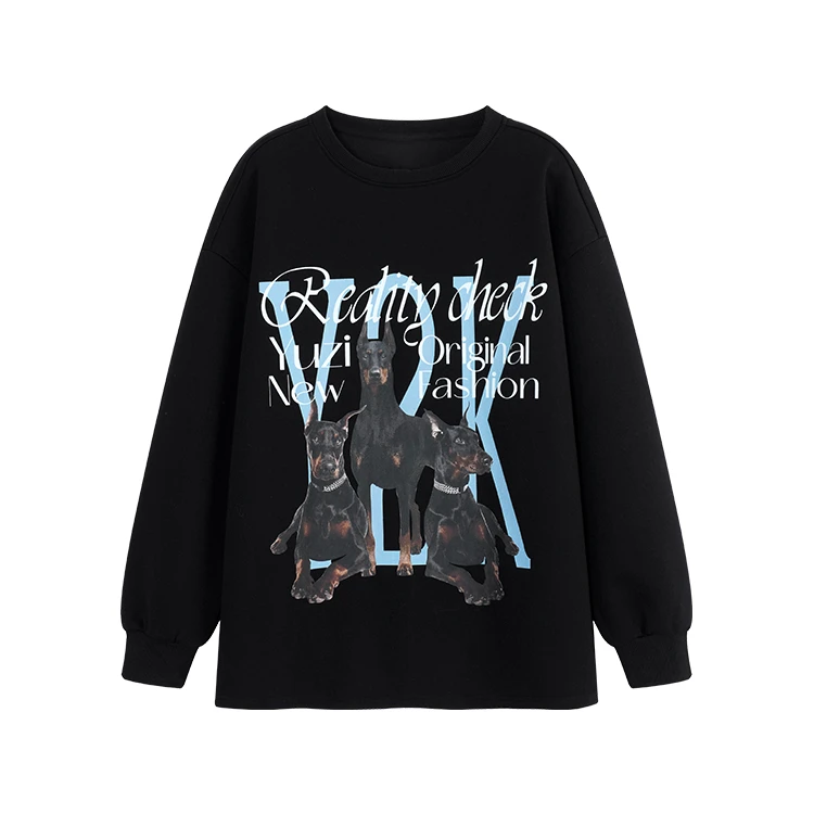 秋季黑色复古风数码印花圆领卫衣大码胖mm200斤显瘦长袖T恤