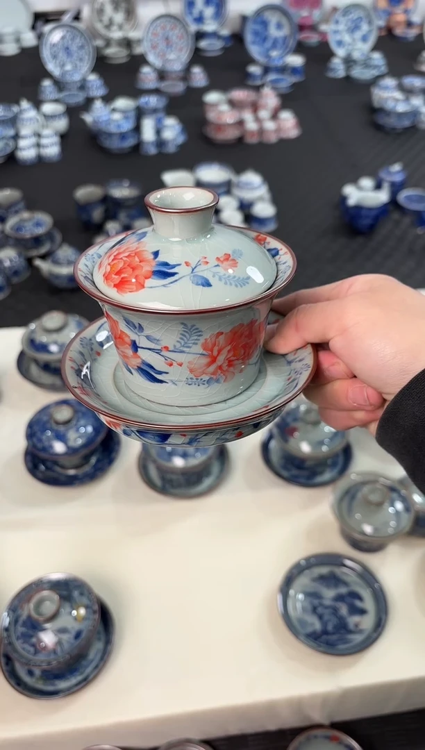 盖碗瓷景德镇陶瓷茶具老陶泥国色天香马蹄盖碗